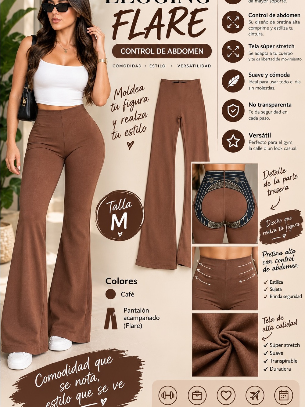 High-Rise Brown Flare Pants with Tummy Control